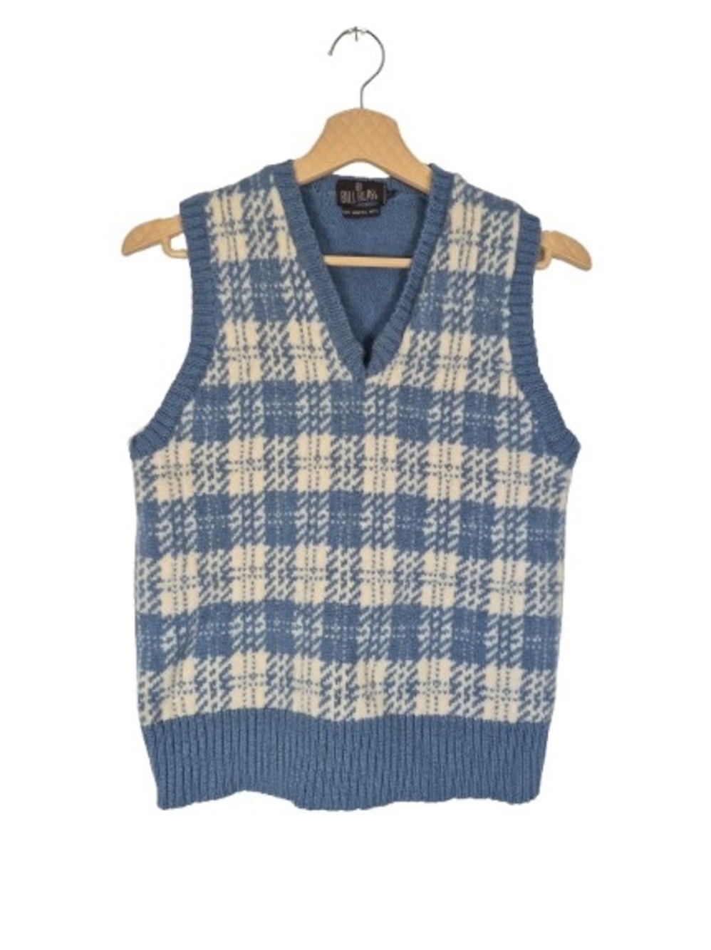 Bill Blass 100 Worsted Wool Blue Cream Plaid Knit V-Neck Sweater Vest M